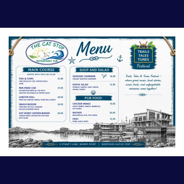 🎶🌊 Join us at The Cat Stop Waterfront Pub during the Annual Trails, Tales & Tunes Festival in beautiful Norris Point between 
May 15 - 24! 🌊🎶
After a day of music, storytelling, hiking, and festival fun, stop by the waterfront for great food, cold drinks, and one of the best views in Bonne Bay. 🍻⚓
We’re serving up festival favourites including:
🐟 Fish & Chips
🦞 Fresh NL Lobster Roll
🍔 Smash Burgers
🍗 Hot Honey Chicken Burger
🥣 Creamy Seafood Chowder
…and more!
Whether you’re visiting Gros Morne or celebrating with locals, we’d love to welcome you to The Cat Stop for good food, good company, and unforgettable waterfront vibes.
📍 4 Stone’s Lane, Norris Point
🎵 Trails, Tales & Tunes Festival Weekend
Come celebrate with us! 🌅
#trailstalestunes #norrispoint #festival #destinationgrosmorne