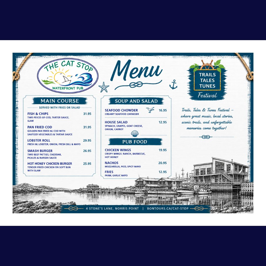 🎶🌊 Join us at The Cat Stop Waterfront Pub during the Annual Trails, Tales & Tunes Festival in beautiful Norris Point between 
May 15 - 24! 🌊🎶
After a day of music, storytelling, hiking, and festival fun, stop by the waterfront for great food, cold drinks, and one of the best views in Bonne Bay. 🍻⚓
We’re serving up festival favourites including:
🐟 Fish & Chips
🦞 Fresh NL Lobster Roll
🍔 Smash Burgers
🍗 Hot Honey Chicken Burger
🥣 Creamy Seafood Chowder
…and more!
Whether you’re visiting Gros Morne or celebrating with locals, we’d love to welcome you to The Cat Stop for good food, good company, and unforgettable waterfront vibes.
📍 4 Stone’s Lane, Norris Point
🎵 Trails, Tales & Tunes Festival Weekend
Come celebrate with us! 🌅
#trailstalestunes #norrispoint #festival #destinationgrosmorne