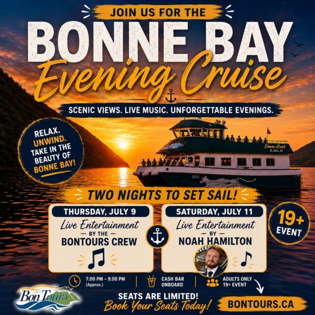 🌅 Your Perfect Summer Evening Starts Here! 🎶🍹

Looking for a relaxing night out in Gros Morne? Climb aboard the Bonne Bay Evening Cruise and enjoy breathtaking sunset views, live Newfoundland music, and a laid-back evening on the water.

🎶 Live Entertainment
📅 Thursday, July 9 – BonTours Crew
📅 Saturday, July 11 – Noah Hamilton

🍹 Cash Bar Onboard
🕖 7:00 PM – Approximately 9:00 PM
🔞 Adults Only (19+)

Whether you're celebrating, on vacation, or simply looking for a memorable evening, the Bonne Bay Evening Cruise is the perfect way to unwind and experience the beauty of Gros Morne from the water.

🎟 Seats are limited! Reserve yours today at www.bontours.ca

Tag your favourite cruise partner and start making weekend plans! 🌅⛵🎶

#BonTours #BonneBay #GrosMorne #SunsetCruise #LiveMusic #Newfoundland #ExploreNL #DateNight #ThingsToDoNL #VisitNewfoundland