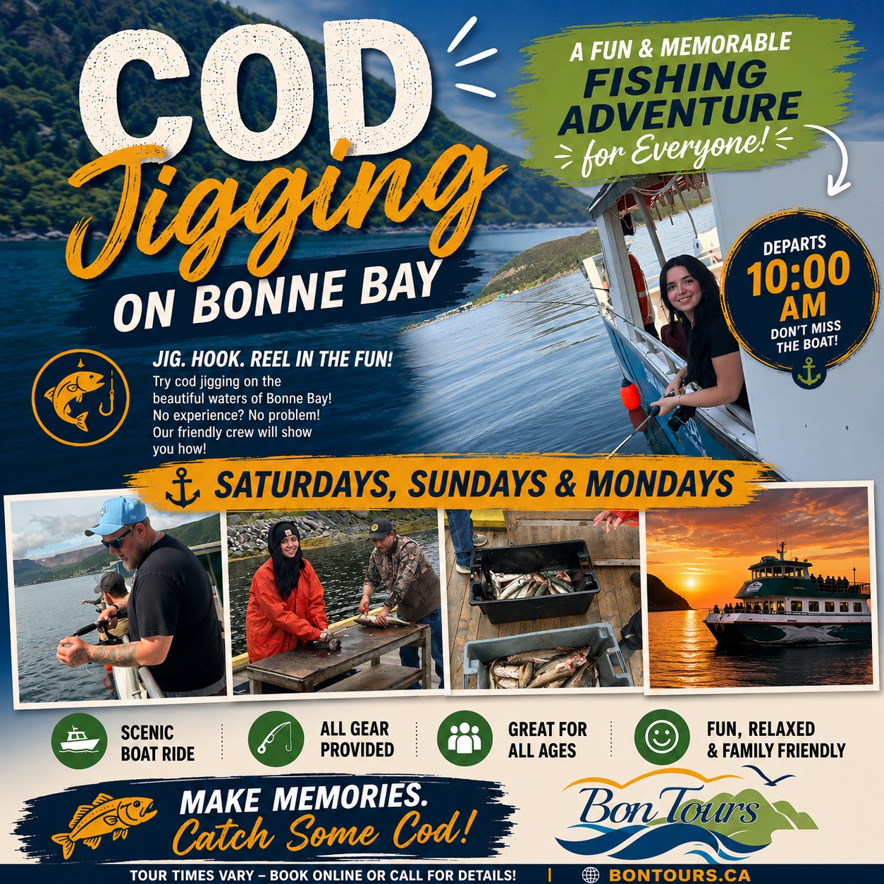 🎣 Ready to Reel in Some Fun? 🐟

Experience one of Newfoundland's most iconic traditions with our Cod Jigging Tour on beautiful Bonne Bay!

Whether it's your first time fishing or you're a seasoned angler, our friendly crew will provide everything you need for a memorable day on the water.

🕙 Tours depart at 10:00 AM
📅 Saturdays, Sundays & Mondays
🎣 All fishing gear provided
🐟 Keep your catch
⚓ Scenic cruise through beautiful Bonne Bay

Bring your family, your friends, or just your sense of adventure and enjoy an authentic Newfoundland experience you'll never forget!

🎟 Book your spot today at:
🌐 www.bontours.ca

Who thinks they can catch the biggest cod? Tag your fishing buddy below! 🎣👇

#BonTours #CodJigging #BonneBay #GrosMorne #FishingAdventure #ExploreNL #VisitNewfoundland #NewfoundlandExperience #ThingsToDoNL