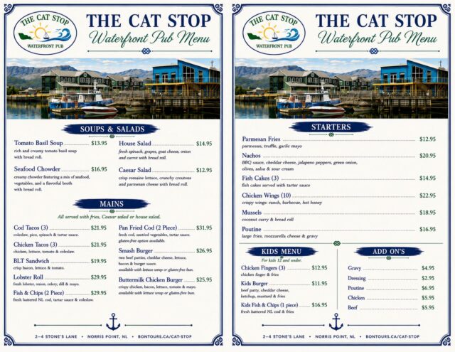 🍴 Have You Tried Our NEW & IMPROVED Menu Yet? 🍴

There's never been a better time to visit The Cat Stop Waterfront Pub!

We've refreshed our menu with exciting new dishes, local favourites, and delicious flavours we're sure you'll love. Whether you're craving fresh Newfoundland seafood, a hearty burger, tasty appetizers to share, or a refreshing drink on the patio, there's something for everyone!

✨ New menu
🦞 Fresh local favourites
🍺 Cold local brews & handcrafted cocktails
🎶 Live entertainment 7 nights a week
🌊 Unbeatable waterfront views of Bonne Bay and Gros Morne National Park

Come see what's new, enjoy great food, and relax on one of the best patios in Gros Morne!

📍 The Cat Stop Waterfront Pub
2–4 Stone's Lane, Norris Point

We can't wait to welcome you!

#TheCatStop #NewMenu #WaterfrontDining #BonneBay #GrosMorne #NewfoundlandFood #SupportLocal #LiveMusic #FreshSeafood #VisitNL
