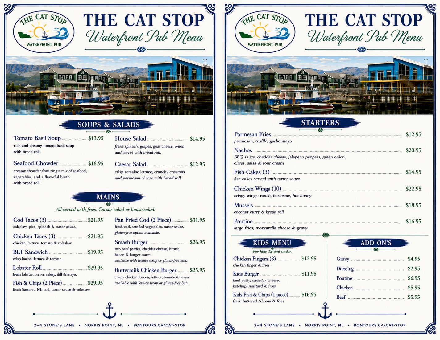 🍴 Have You Tried Our NEW & IMPROVED Menu Yet? 🍴

There's never been a better time to visit The Cat Stop Waterfront Pub!

We've refreshed our menu with exciting new dishes, local favourites, and delicious flavours we're sure you'll love. Whether you're craving fresh Newfoundland seafood, a hearty burger, tasty appetizers to share, or a refreshing drink on the patio, there's something for everyone!

✨ New menu
🦞 Fresh local favourites
🍺 Cold local brews & handcrafted cocktails
🎶 Live entertainment 7 nights a week
🌊 Unbeatable waterfront views of Bonne Bay and Gros Morne National Park

Come see what's new, enjoy great food, and relax on one of the best patios in Gros Morne!

📍 The Cat Stop Waterfront Pub
2–4 Stone's Lane, Norris Point

We can't wait to welcome you!

#TheCatStop #NewMenu #WaterfrontDining #BonneBay #GrosMorne #NewfoundlandFood #SupportLocal #LiveMusic #FreshSeafood #VisitNL