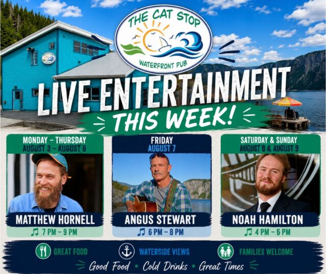 🎶 LIVE ENTERTAINMENT THIS WEEK at The Cat Stop Waterfront Pub! 🎶

Looking for the perfect way to spend a summer evening in Gros Morne? Join us on the waterfront for great live music, delicious food, cold drinks, and one of the best views in Newfoundland.

🎤 This Week's Lineup:

🎵 Monday, August 3 – Thursday, August 6
Matthew Hornell | 7:00 PM – 9:00 PM

🎵 Friday, August 7
Angus Stewart | 6:00 PM – 8:00 PM

🎵 Saturday, August 8 & Sunday, August 9
Noah Hamilton | 4:00 PM – 6:00 PM

Whether you're joining us for lunch on the patio, dinner with family, or just stopping in for a drink while enjoying the music, we'd love to see you!

📍 The Cat Stop Waterfront Pub
🌊 Waterfront patio • Great food • Cold drinks • Families welcome

#TheCatStop #LiveMusic #GrosMorne #NorrisPoint #Newfoundland #SupportLocalMusic #WaterfrontDining #ExploreNL #SummerInGrosMorne