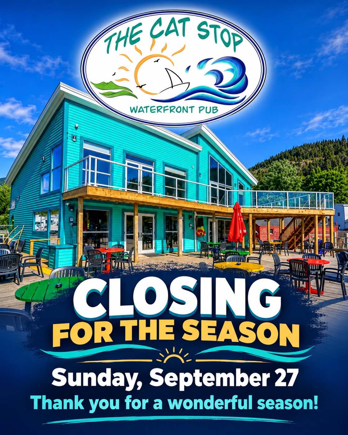 🌊 Closing for the Season 🌊

The Cat Stop Waterfront Pub will be closing for the season 
on Sunday, September 27.

We would like to extend a heartfelt thank-you to everyone who joined us this season! Whether you stopped by for a meal, enjoyed the beautiful waterfront views or joined us for live entertainment, we truly appreciate your support.

A special thank-you to our hardworking staff and talented entertainers who helped make this season so memorable.

We hope to see you before we close, and we look forward to welcoming everyone back next season! 💙

📍 2–4 Stone’s Lane, Norris Point
The Tides Inn - Gros Morne Gros Morne Adventures Out East Adventures Neddies Harbour Inn & Black Spruce Restaurant