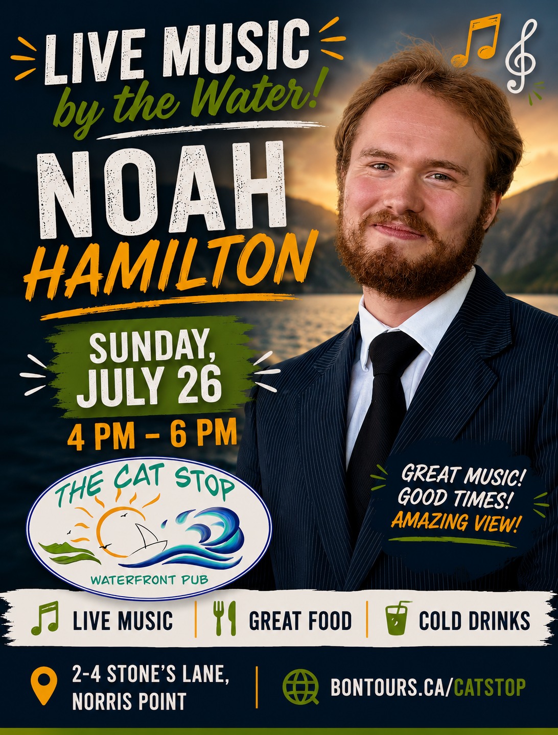 🎶 Wrap Up Your Weekend with Live Music at The Cat Stop! 🎶

Spend your Sunday afternoon enjoying live music with Noah Hamilton at The Cat Stop Waterfront Pub!

📅 Sunday, July 26
🕓 4:00 PM – 6:00 PM
📍 2–4 Stone's Lane, Norris Point

Noah's smooth vocals and engaging style are the perfect soundtrack to a relaxing afternoon on the waterfront. Pair the music with one of our delicious meals, your favourite drink, and stunning views of Bonne Bay for a Sunday well spent.

Gather your family and friends, soak up the summer atmosphere, and enjoy another fantastic afternoon of local entertainment at The Cat Stop.

🎵 Great music. Great food. Great views. We can't wait to see you!
