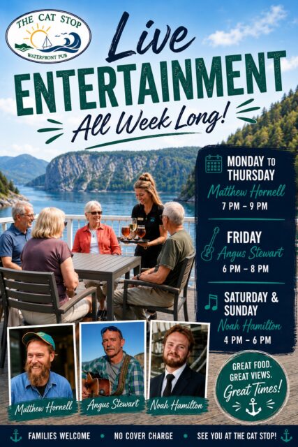 🎶 Live Entertainment All Week at The Cat Stop Waterfront Pub! 🌅

There's no better place to spend a summer evening than on our waterfront patio overlooking beautiful Bonne Bay.

Join us for great food, cold drinks, stunning scenery, and live local music all week long!

🎤 Monday, July 27 – Thursday, July 30
Matthew Hornell | 7:00 PM – 9:00 PM

🎸 Friday, July 31
Angus Stewart | 6:00 PM – 8:00 PM

🎶 Saturday, August 1 & Sunday, August 2
Noah Hamilton | 4:00 PM – 6:00 PM

Whether you're a local catching up with friends or visiting Gros Morne, we'd love to welcome you for an unforgettable evening by the water.

🍔 Great Food
🍻 Cold Drinks
🎵 Live Entertainment
👨‍👩‍👧‍👦 Families Welcome
💙 No Cover Charge

📍 The Cat Stop Waterfront Pub
2–4 Stone's Lane, Norris Point

#TheCatStop #BonTours #NorrisPoint #GrosMorne #LiveMusic #Newfoundland #BonneBay #SupportLocalMusic #PatioSeason