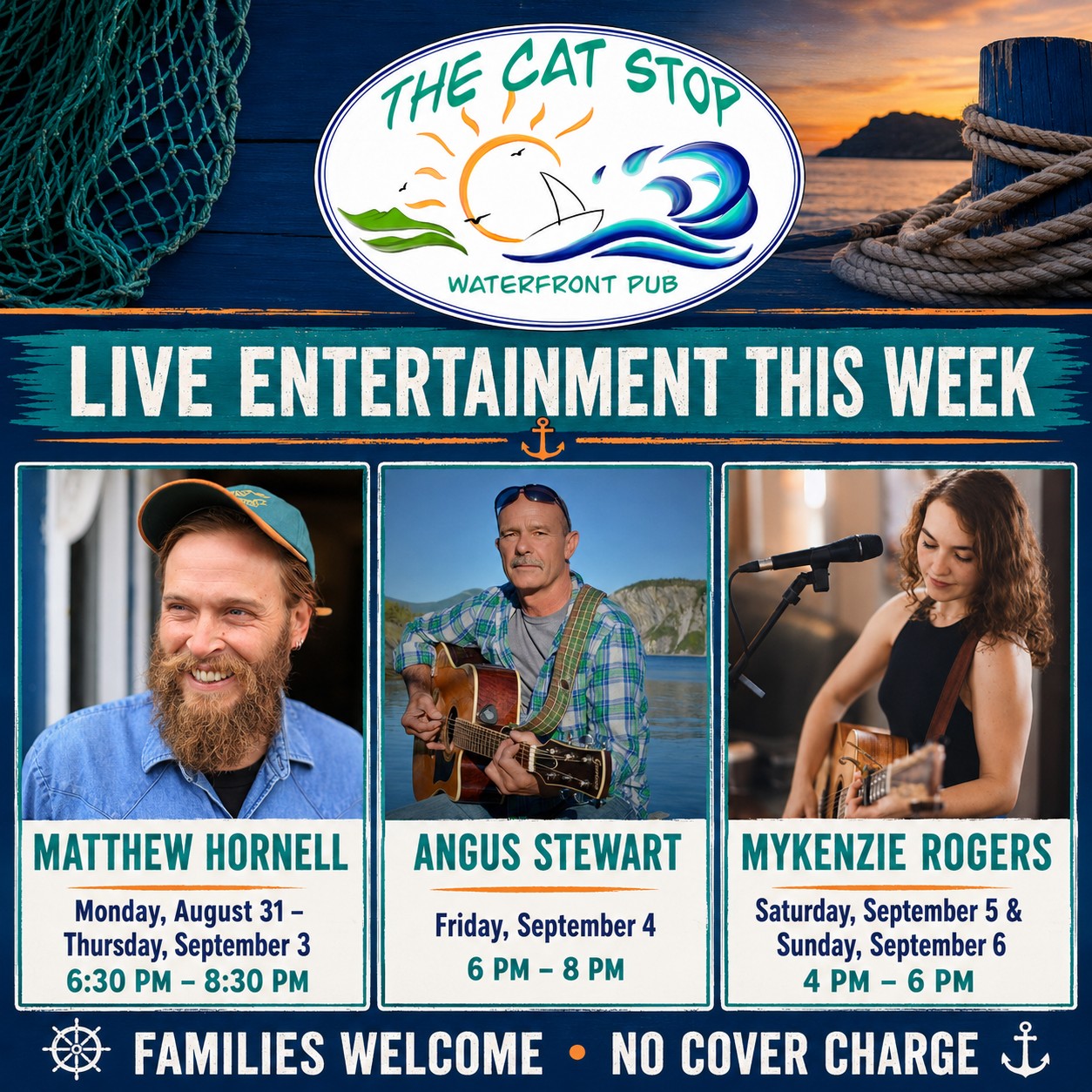 🎶 Your Soundtrack for the Week Is Here! 🎶

Join us at The Cat Stop Waterfront Pub for great live music, delicious food and one of the best waterfront views in Gros Morne!

🎤 Monday, August 31 – Thursday, September 3
Matthew Hornell | 6:30 p.m. – 8:30 p.m.

🎸 Friday, September 4
Angus Stewart | 6:00 p.m. – 8:00 p.m.

🎶 Saturday, September 5 & Sunday, September 6
Mykenzie Rogers | 4:00 p.m. – 6:00 p.m.

Families are welcome and there’s no cover charge! Come grab a bite, enjoy the view and listen to some fantastic local entertainment. 🌊🎵

📍 The Cat Stop Waterfront Pub
2–4 Stone’s Lane, Norris Point

Neddies Harbour Inn & Black Spruce Restaurant The Tides Inn - Gros Morne Gros Morne National Park Destination Gros Morne Gros Morne Adventures Out East Adventures