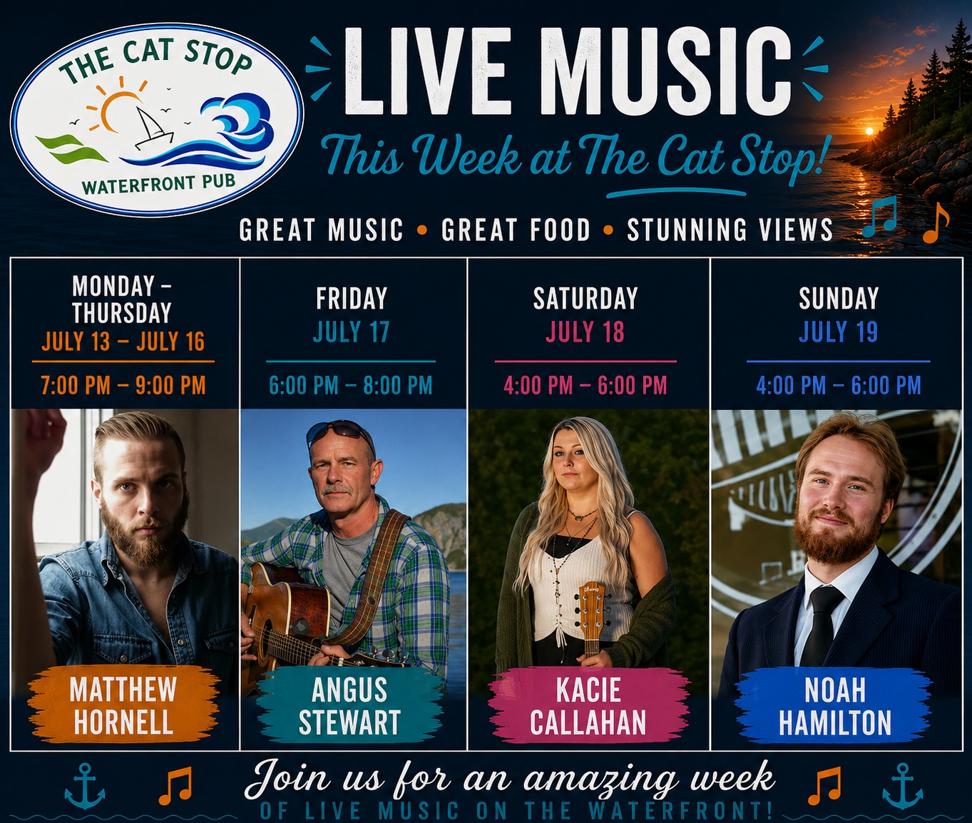 🎶 Your Week Sounds Better at The Cat Stop! 🌊

Looking for the perfect way to spend your evenings in Gros Morne? Join us at The Cat Stop Waterfront Pub for another fantastic week of live local entertainment, delicious food, refreshing drinks, and unbeatable waterfront views!

🎻 Monday – Thursday (July 13–16)
Matthew Hornell | 🕖 7:00 PM – 9:00 PM

🎸 Friday (July 17)
Angus Stewart | 🕕 6:00 PM – 8:00 PM

🎤 Saturday (July 18)
Kacie Callahan | 🕓 4:00 PM – 6:00 PM

🎵 Sunday (July 19)
Noah Hamilton | 🕓 4:00 PM – 6:00 PM

🍽️ Great Food • 🍹 Cold Drinks • 🌅 Stunning Waterfront Views • 🎶 Amazing Local Talent

📍 The Cat Stop Waterfront Pub

Who's joining us this week? 👇🎶

The Tides Inn - Gros Morne Out East Adventures Neddies Harbour Inn & Black Spruce Restaurant Town of Norris Point