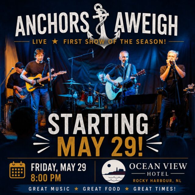 Anchors Aweigh is back and ready to kick off another amazing season of live music! ⚓🎸
Join us Friday, May 29 at 8:00 PM at the Ocean View Hotel in Rocky Harbour for a night of great music, great food, and great times with one of Newfoundland’s favourite local bands!
📍 Ocean View Hotel – Rocky Harbour, NL
🕗 Friday, May 29 | 8:00 PM
Reserve online at www.bontours.ca or call 1-888-458-2016!

#AnchorsAweigh #LiveMusic #RockyHarbour #OceanViewHotel #NewfoundlandMusic #GrosMorne #SupportLocalMusic #NLEntertainment
