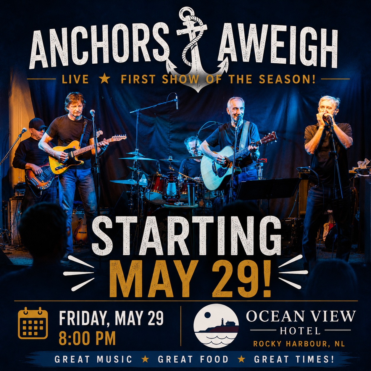 Anchors Aweigh is back and ready to kick off another amazing season of live music! ⚓🎸
Join us Friday, May 29 at 8:00 PM at the Ocean View Hotel in Rocky Harbour for a night of great music, great food, and great times with one of Newfoundland’s favourite local bands!
📍 Ocean View Hotel – Rocky Harbour, NL
🕗 Friday, May 29 | 8:00 PM
Reserve online at www.bontours.ca or call 1-888-458-2016!

#AnchorsAweigh #LiveMusic #RockyHarbour #OceanViewHotel #NewfoundlandMusic #GrosMorne #SupportLocalMusic #NLEntertainment
