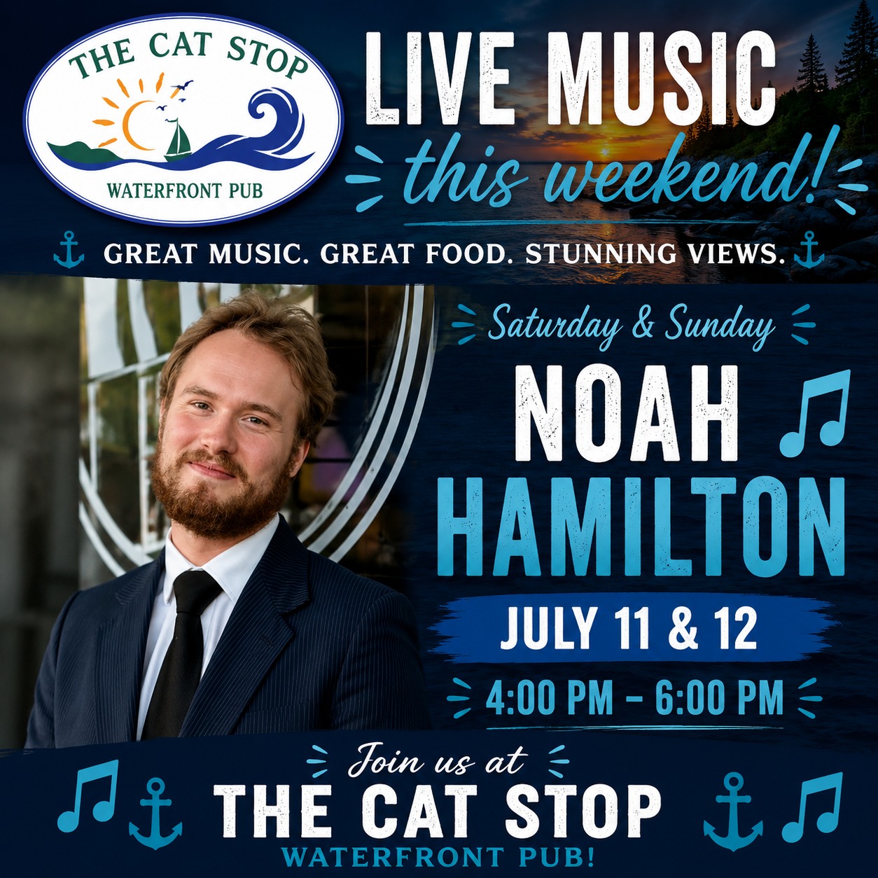 🎶 Your Weekend Plans Just Got Better! 🌊

Looking for the perfect way to spend your weekend in Gros Morne?

Join us at The Cat Stop Waterfront Pub as we welcome Noah Hamilton for two afternoons of live music overlooking beautiful Bonne Bay!

🎸 Noah Hamilton
📅 Saturday, July 11 & Sunday, July 12
🕓 4:00 PM – 6:00 PM

Grab a seat on our waterfront patio, enjoy delicious food, your favourite drink, and take in the incredible views while Noah provides the soundtrack to your weekend.

📍 The Cat Stop Waterfront Pub
Great Music. Great Food. Stunning Views.

Tag your friends and make it a weekend to remember! 🎶🍻🌅