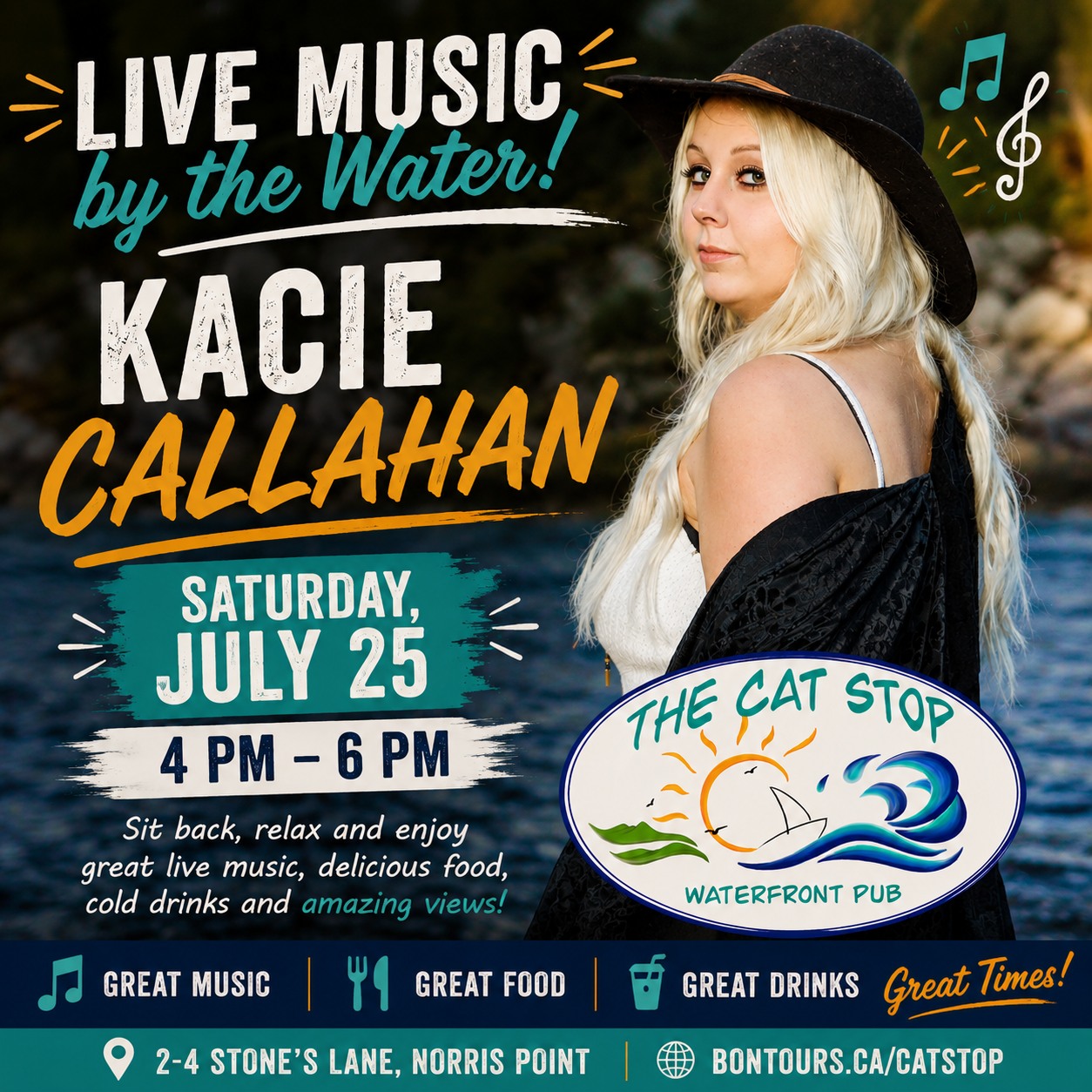 🎶 Your Saturday Soundtrack Starts at The Cat Stop! 🎶

Spend your Saturday afternoon with us as Kacie Callahan brings her incredible live vocals to The Cat Stop Waterfront Pub!

📅 Saturday, July 25
🕓 4:00 PM – 6:00 PM
📍 The Cat Stop Waterfront Pub
📍 2–4 Stone's Lane, Norris Point

There's no better way to spend a summer afternoon than enjoying live local music, delicious food, refreshing drinks, and one of the best waterfront views in Gros Morne.

Bring your friends, grab a table on the patio, and let Kacie provide the soundtrack to your Saturday!

🎵 Great music. Great food. Great company. See you at The Cat Stop!

🌐 bontours.ca/catstop